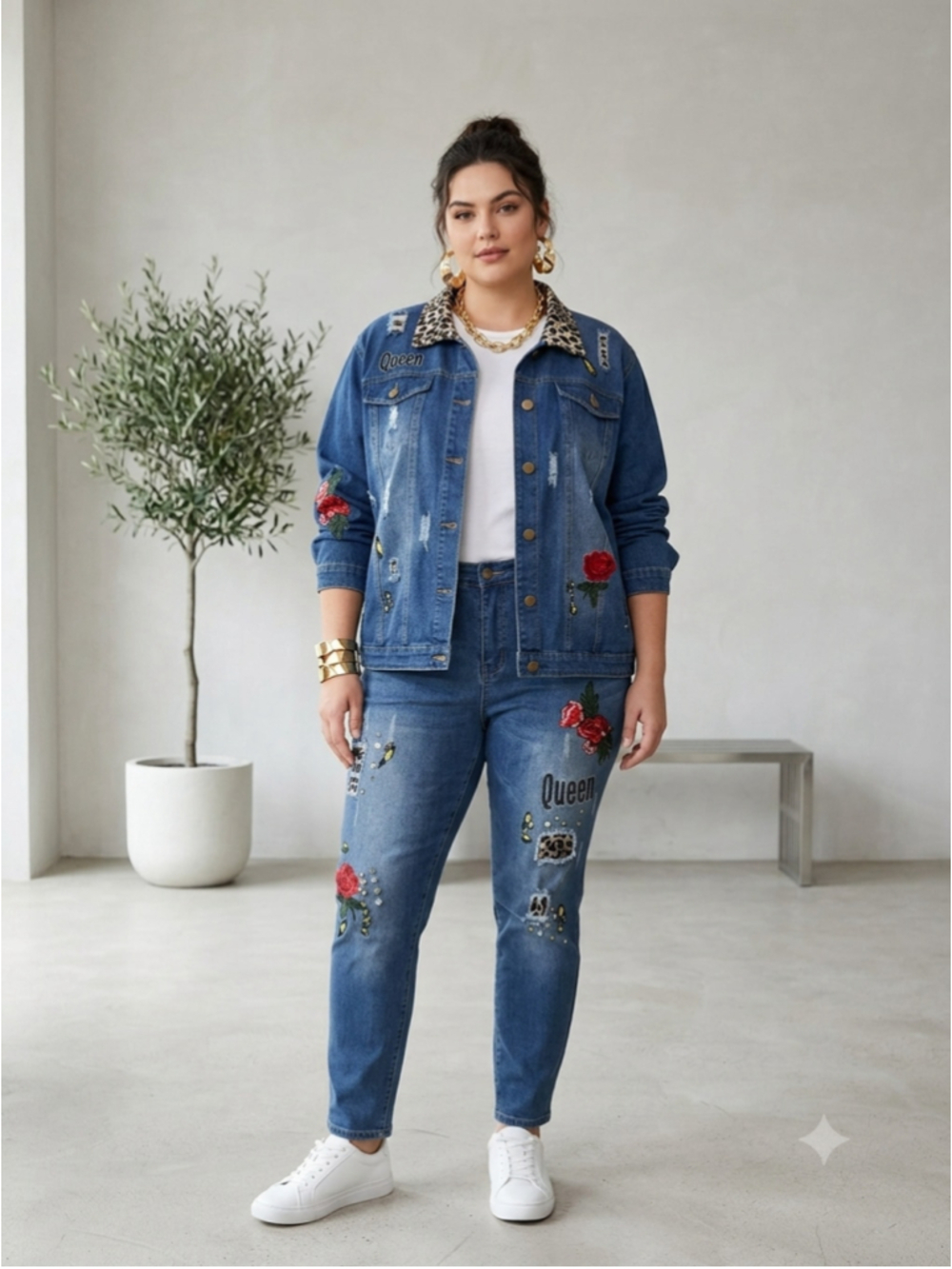 K Jordan 2pc Denim Set Plus Sz 3X Jacket 24W Jeans Leopard Rose Distressed Queen